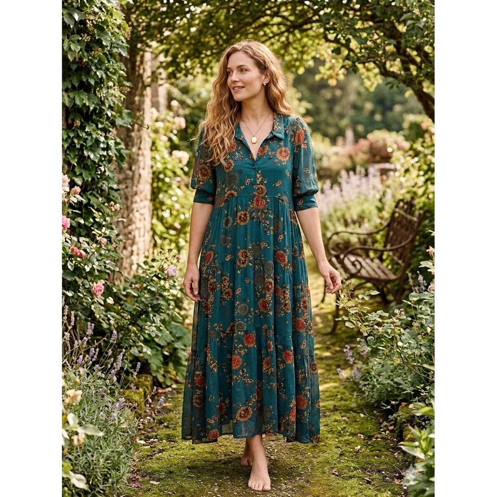 Natural Life Teal Floral Tiered Maxi Dress Boho Rayon Button Front Pockets L